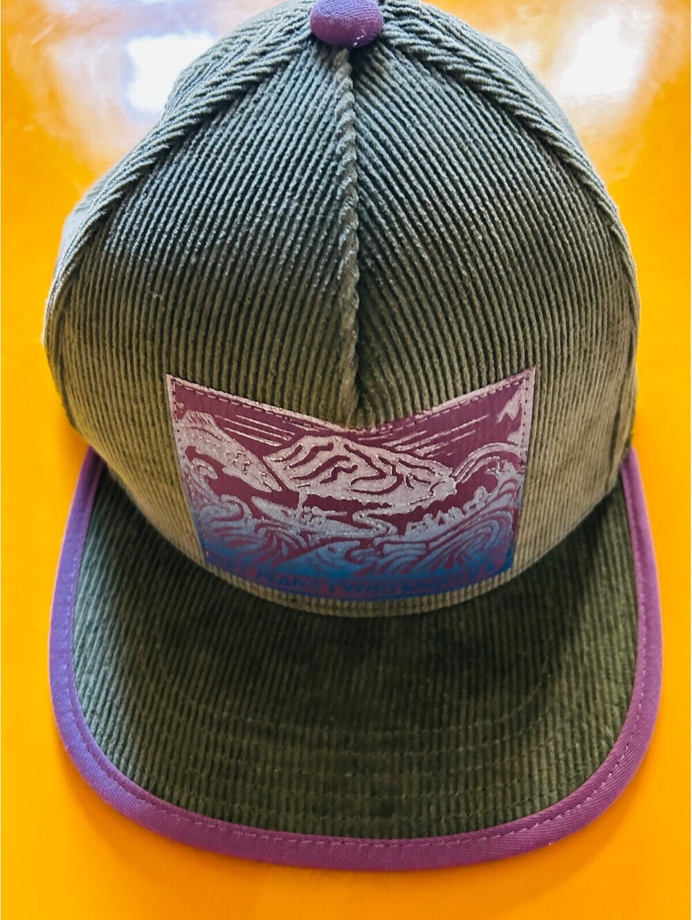 Recaps Olive Green Corduroy Mountain Patch Hat Purple Trim Leather Strapback